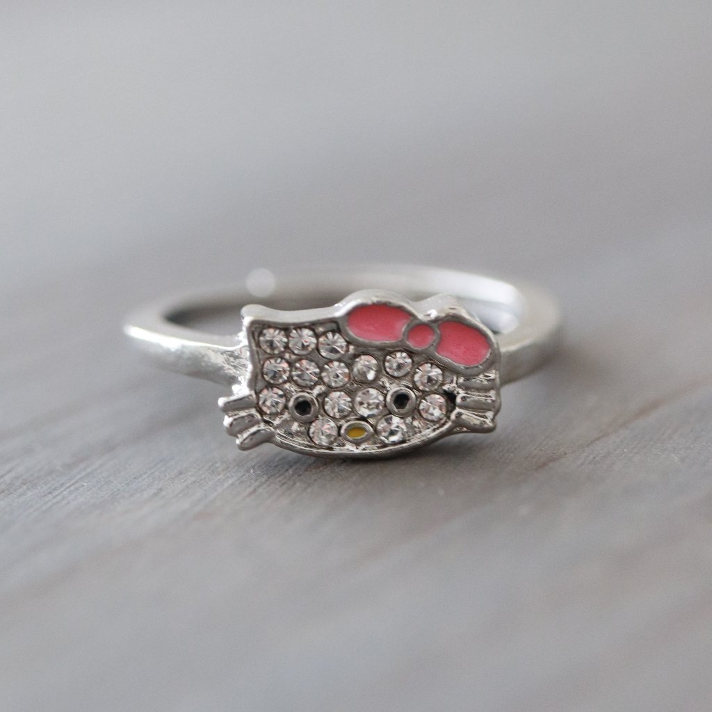 Hello Kitty With Rhinestone Adjustable Ring Silver Plated